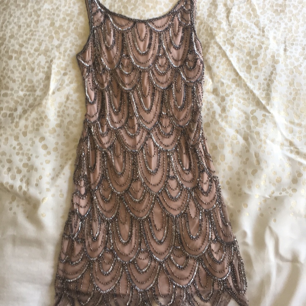 Gatsby blush-colored beaded cocktail dress